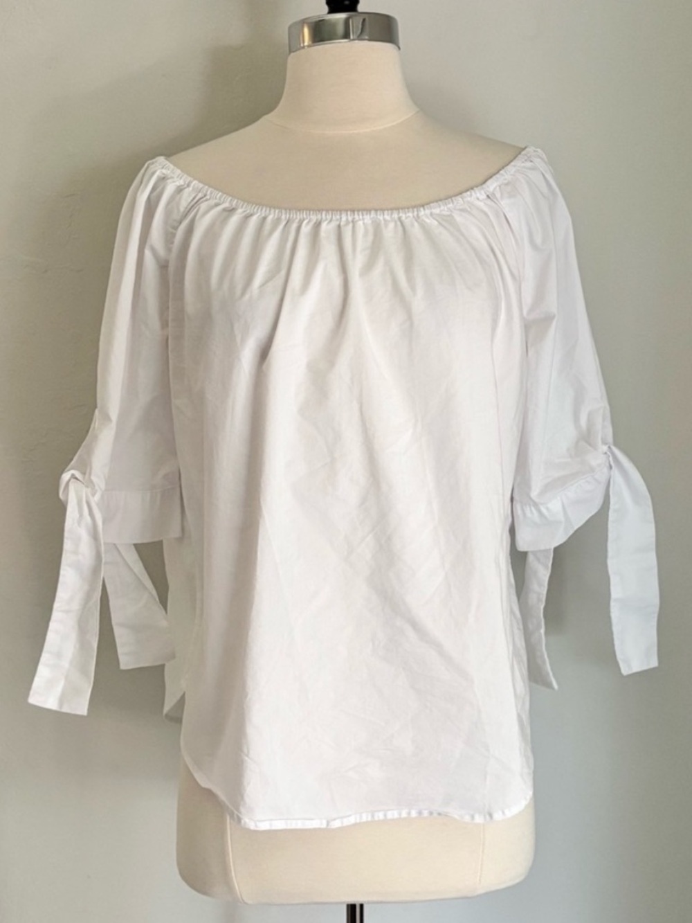 White Off Shoulder Cotton Blend Tie Sleeve Top, Medium